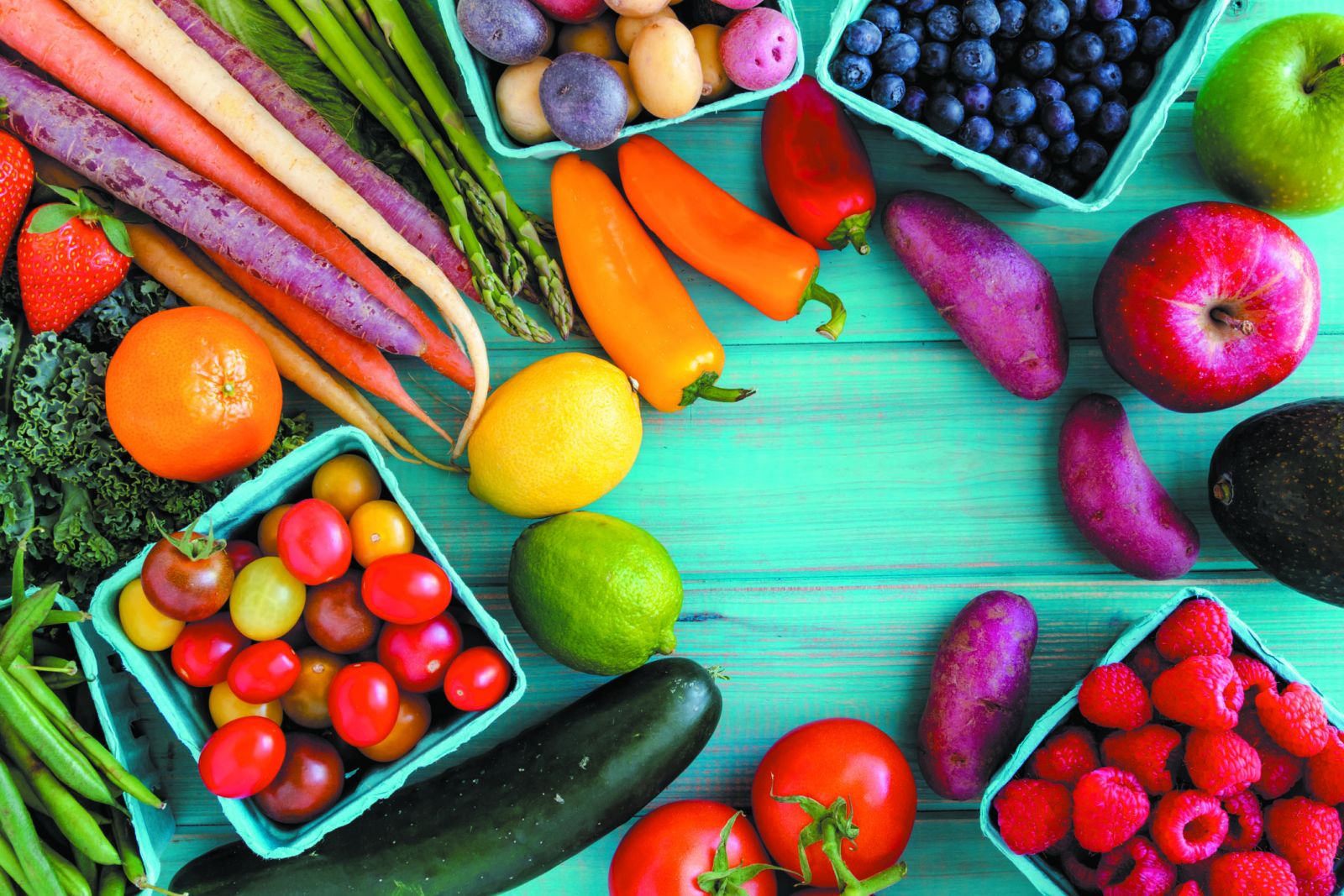 Healthy food assortment with fruits, vegetables, and grains